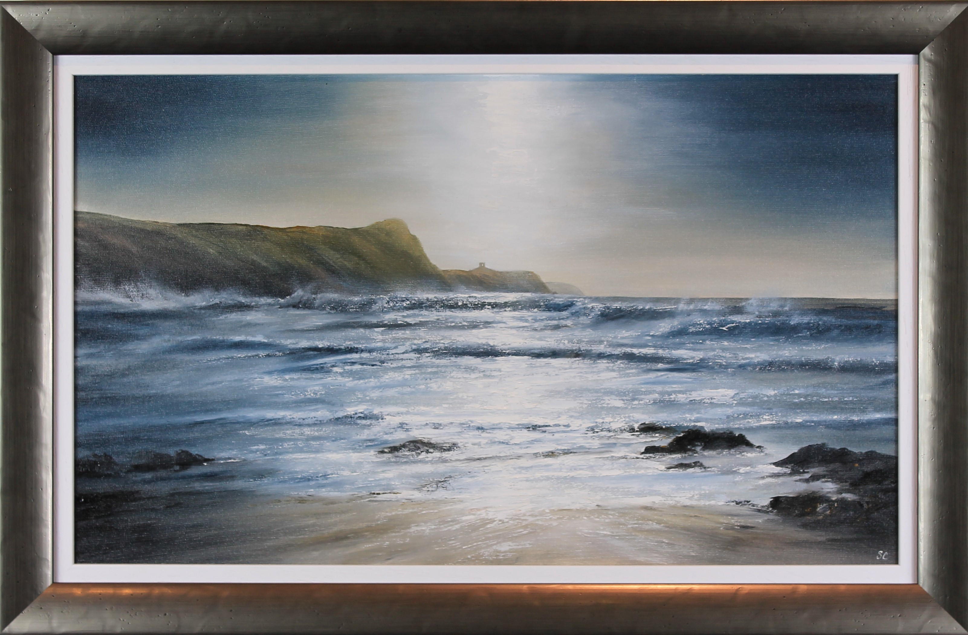 Sheila Craft - waves rushing in Traethllyfn - framed
